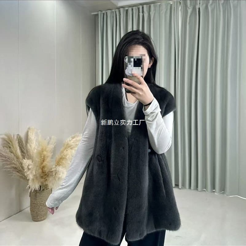 2025 Autumn Winter New Style Faux Mink Vest Women Mid-Long V-Neck Fur Coat Loose Cotton-Padded Thick Waistcoat