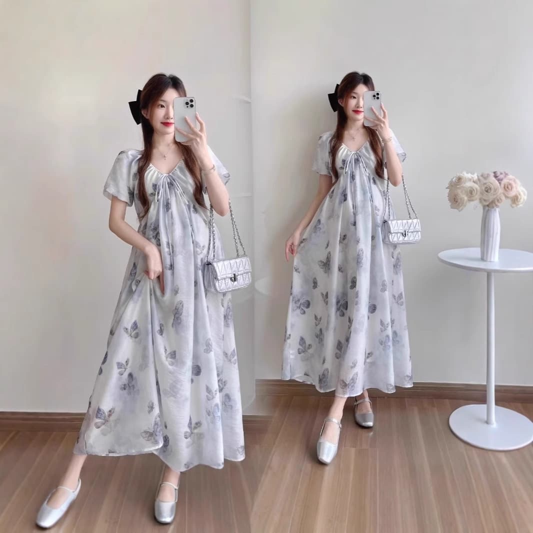 Maternity Dress Summer New One-Shoulder V-Neck Ink Butterfly Sweet Chanel-Style Long Dress for Going Out