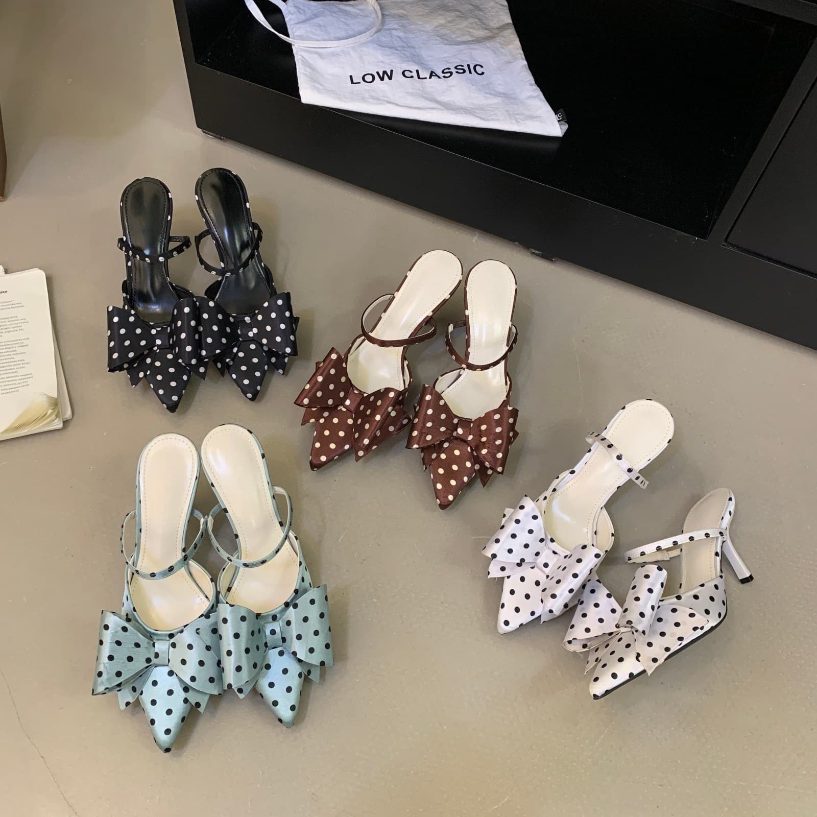 Sweet Polka Dot Pointed Toe Stiletto Heel Women's Shoes for Dresses, Bow Backless Sandals, Versatile Heels