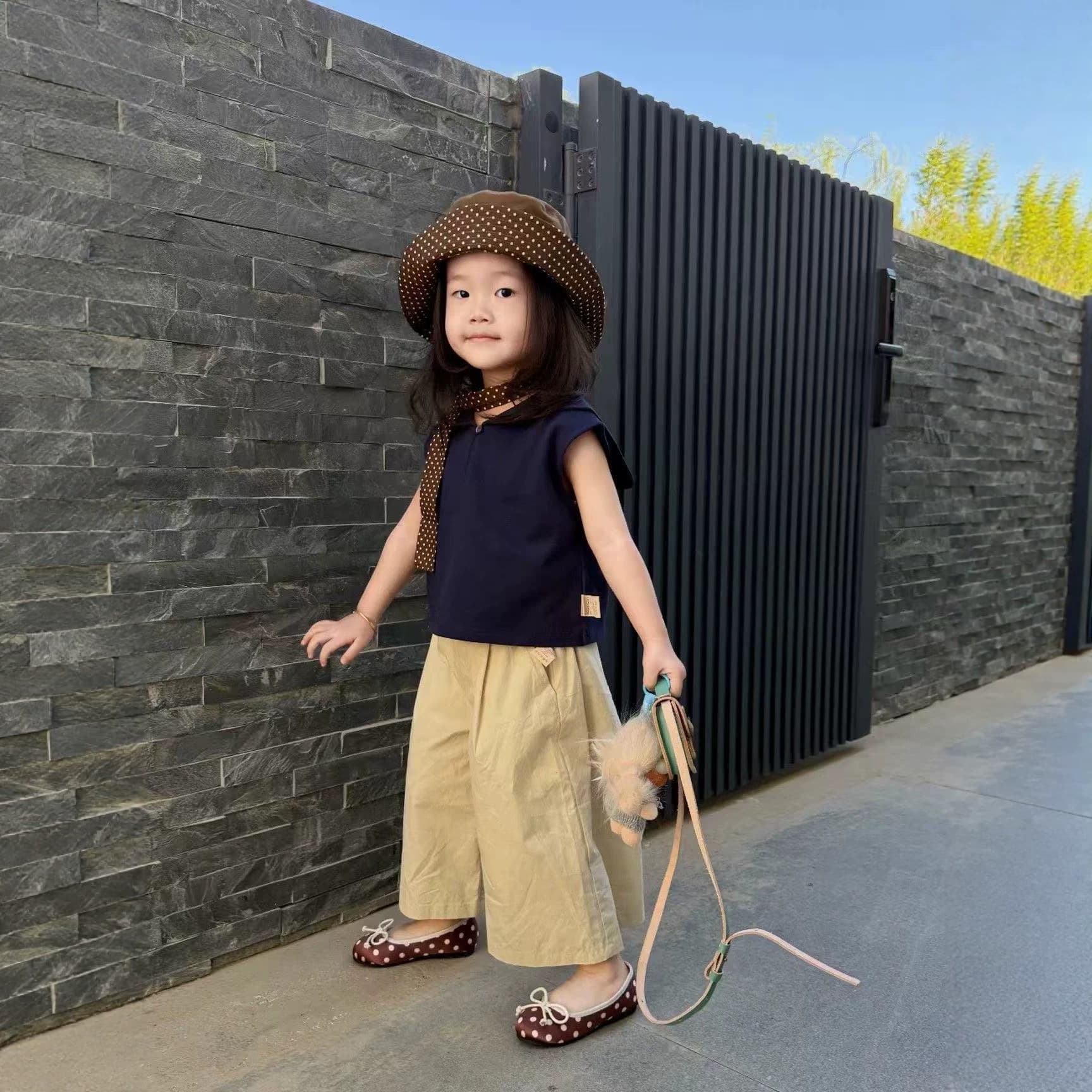 Summer thin navy collar tops for boys and girls, fashionable college style comfortable children's tops for boys and girls, wide-leg pants