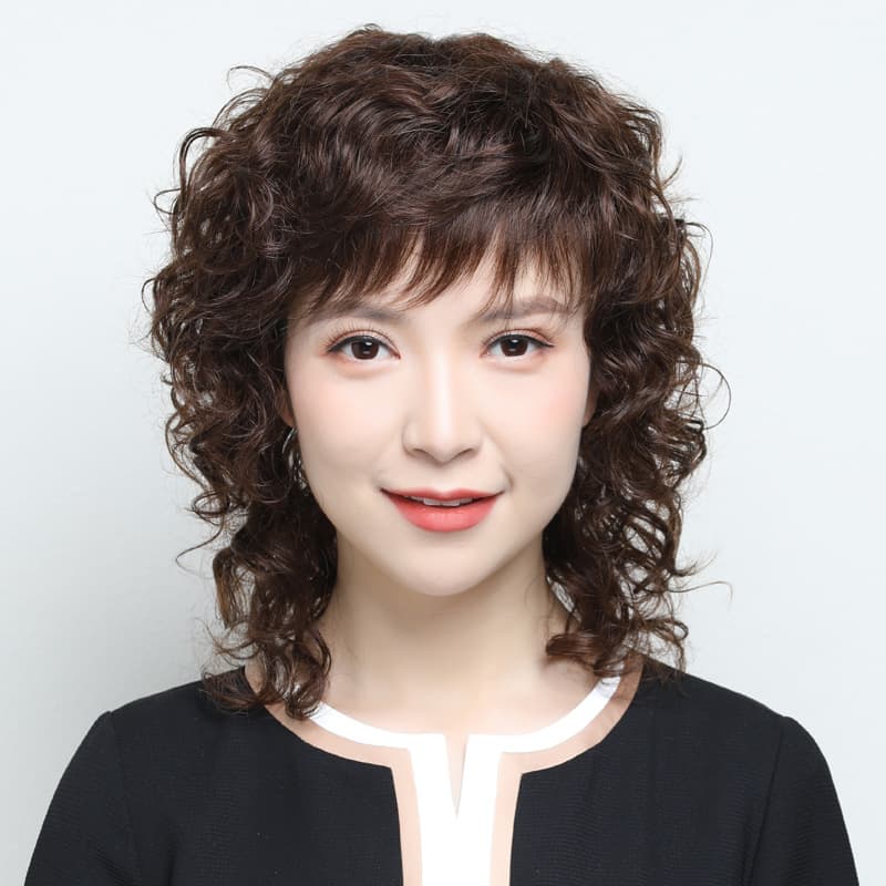 Real Human Hair Wig for Middle-Aged and Elderly Women, Curly Medium-Length Full Head Wig, Natural Short Hair Wig