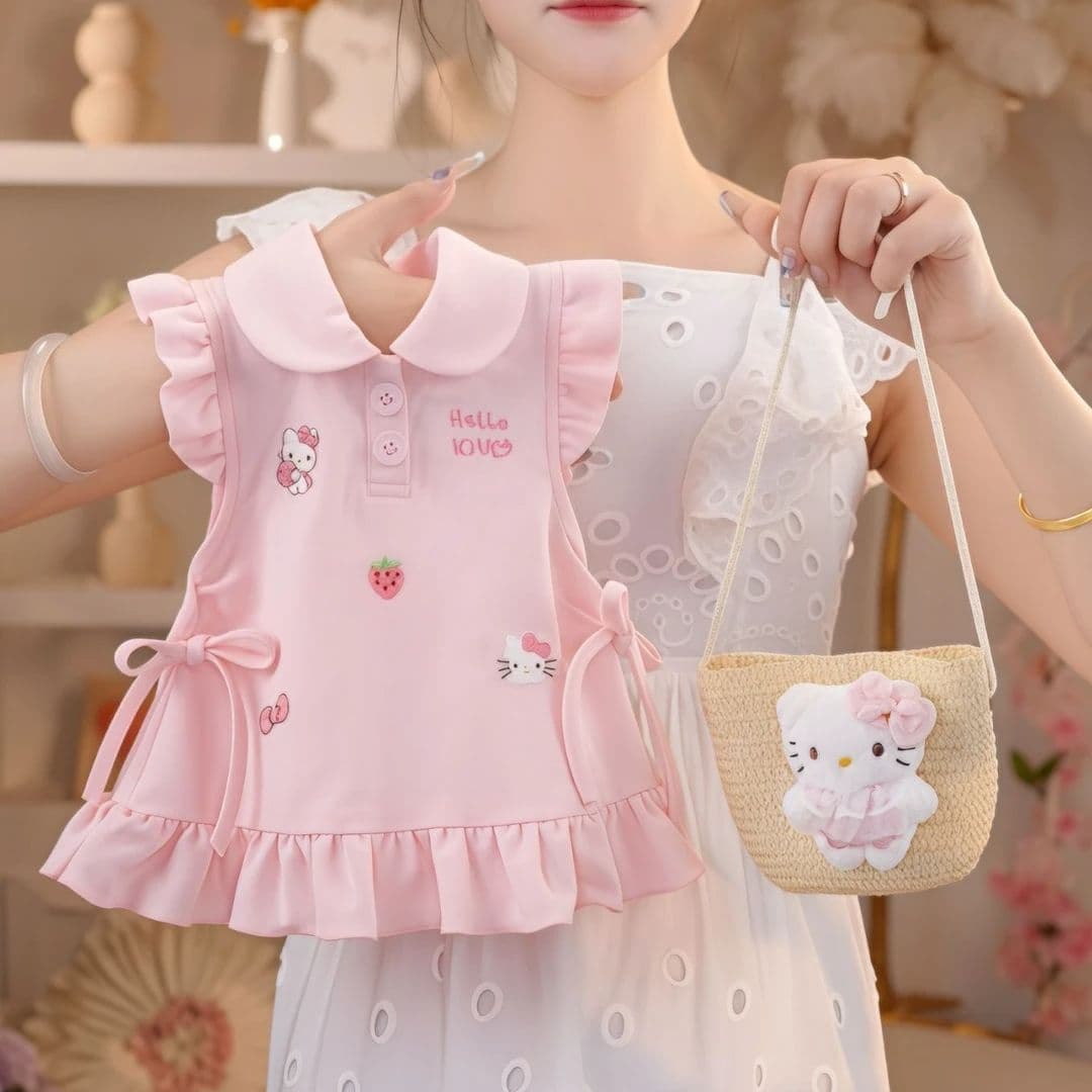 2026 Girls Summer Doll Collar Dress Little Girls Cute Cartoon Pink Sweet Cat Polo Princess Dress