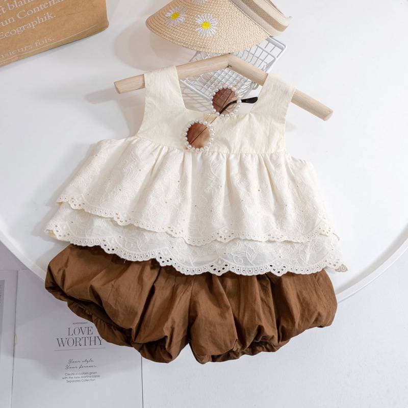 Children's New Chinese Style Lace Suspender Suit Girls' Fashionable Square Collar Embroidered Babydoll Shirt Flower Bud Pants Two-piece Set