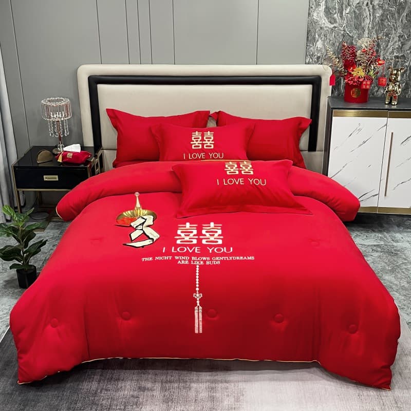 Brushed embroidery wedding quilt festive red bridal newlywed double spring/autumn core bedding Nantong