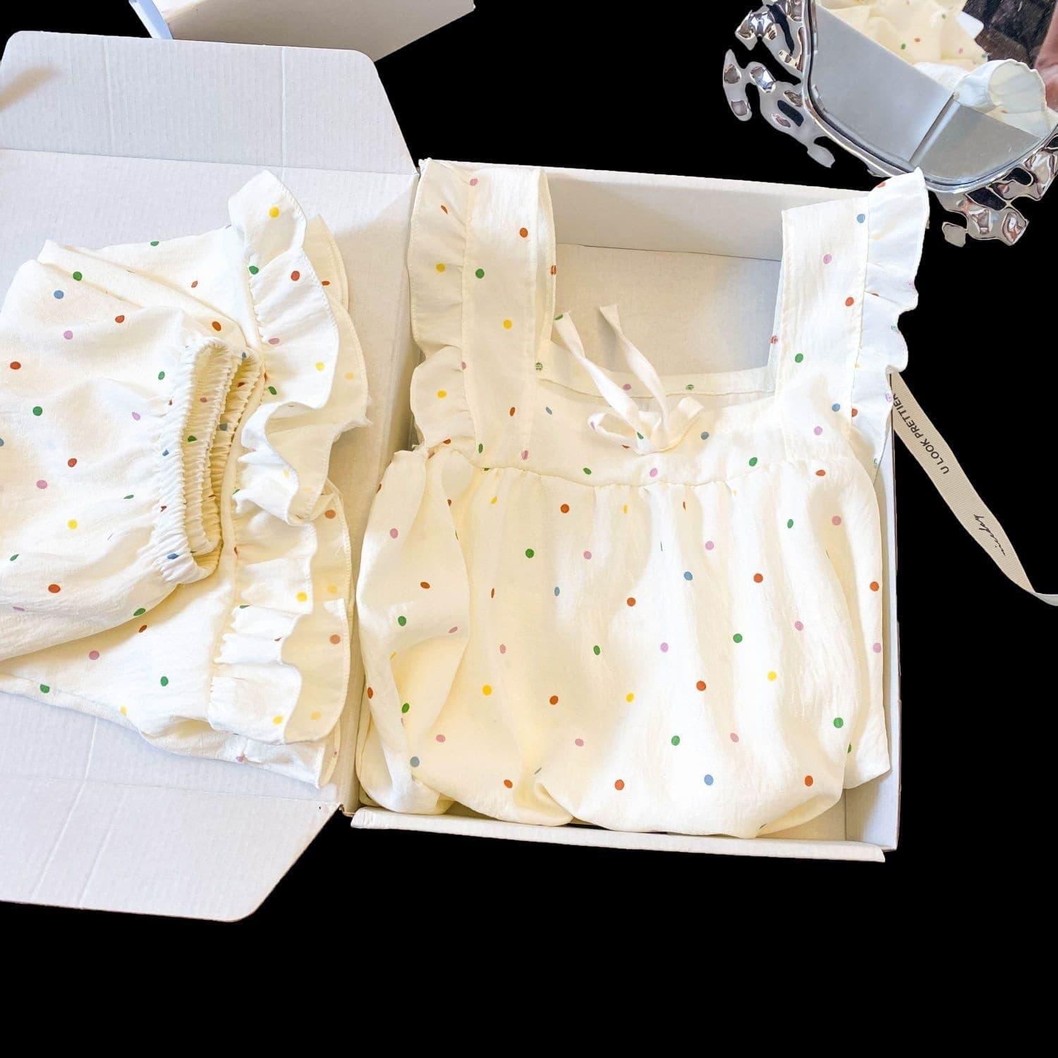 Sweet Girl Summer Thin Sweat-Absorbing Breathable Camisole Shorts Set Princess Style Colorful Polka Dot