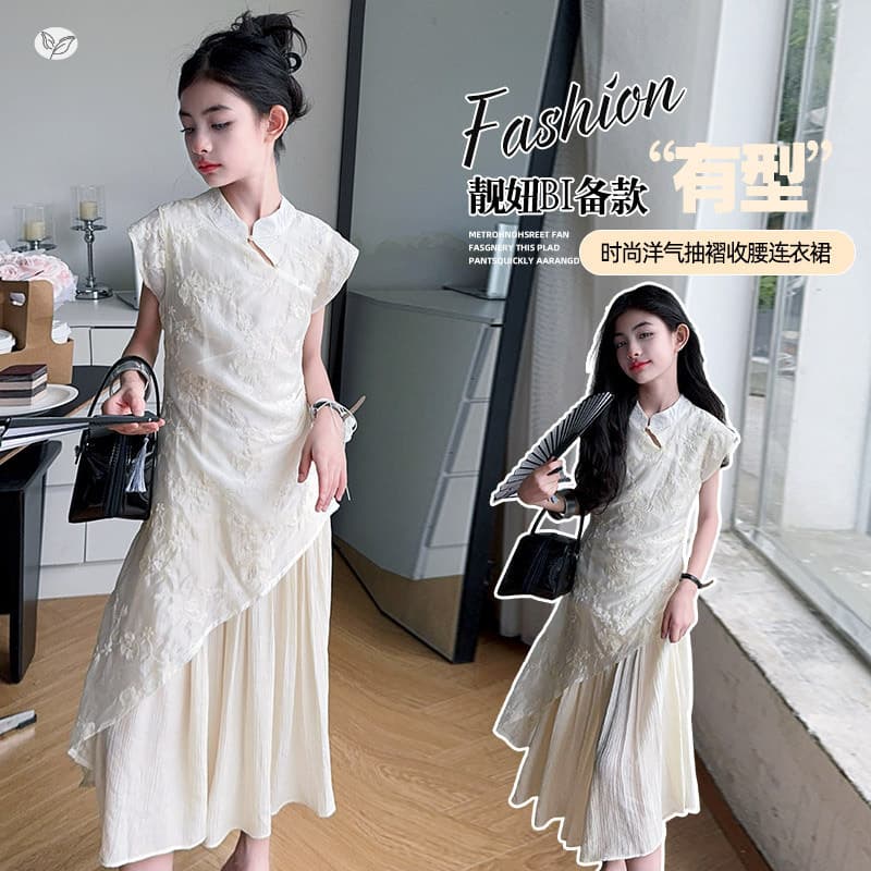 Girls' Dress Summer 2025 New Chinese Style Cheongsam Dress for Older Children, Elegant Waist-Cinching Long Dress, Children's Trendy Dress