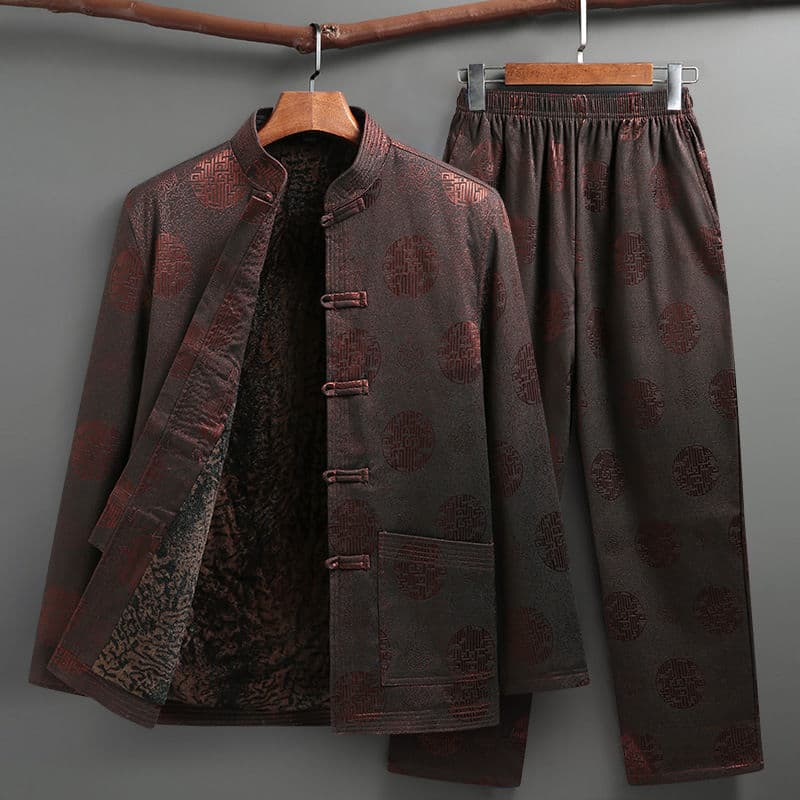 Chinese Tang Suit Set for Elderly Men Winter Cotton Padded Jacket Grandfather Thick Warm Coat Birthday Celebration Outfit