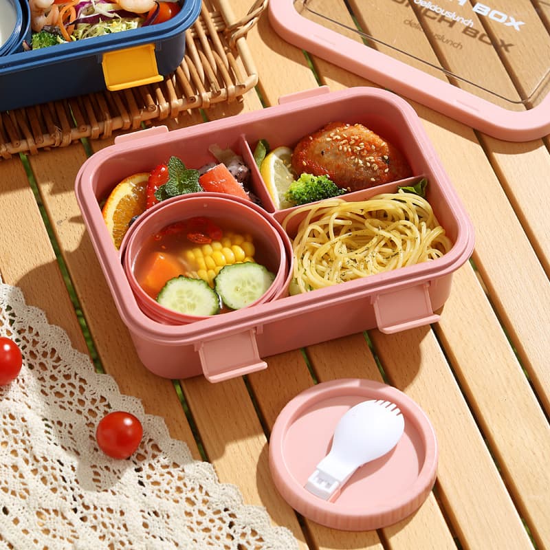 Portable Student Lunch Box Microwave-Safe Double-Layer Bento Box with Compartments and Soup Bowl for Students and Office Workers