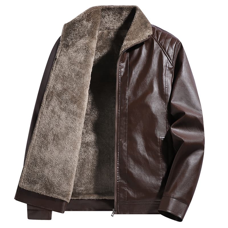 Cross-border Wholesale Thickened Fleece Leather Jacket Autumn Winter Men's New Style Light Business Casual Square Collar