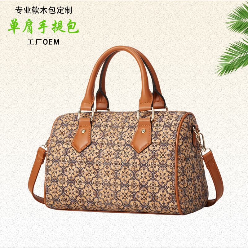 Vintage Four-Leaf Clover Pattern Cork Printed Shoulder Crossbody Bag, Ethnic Style Shoulder Handbag, Customizable