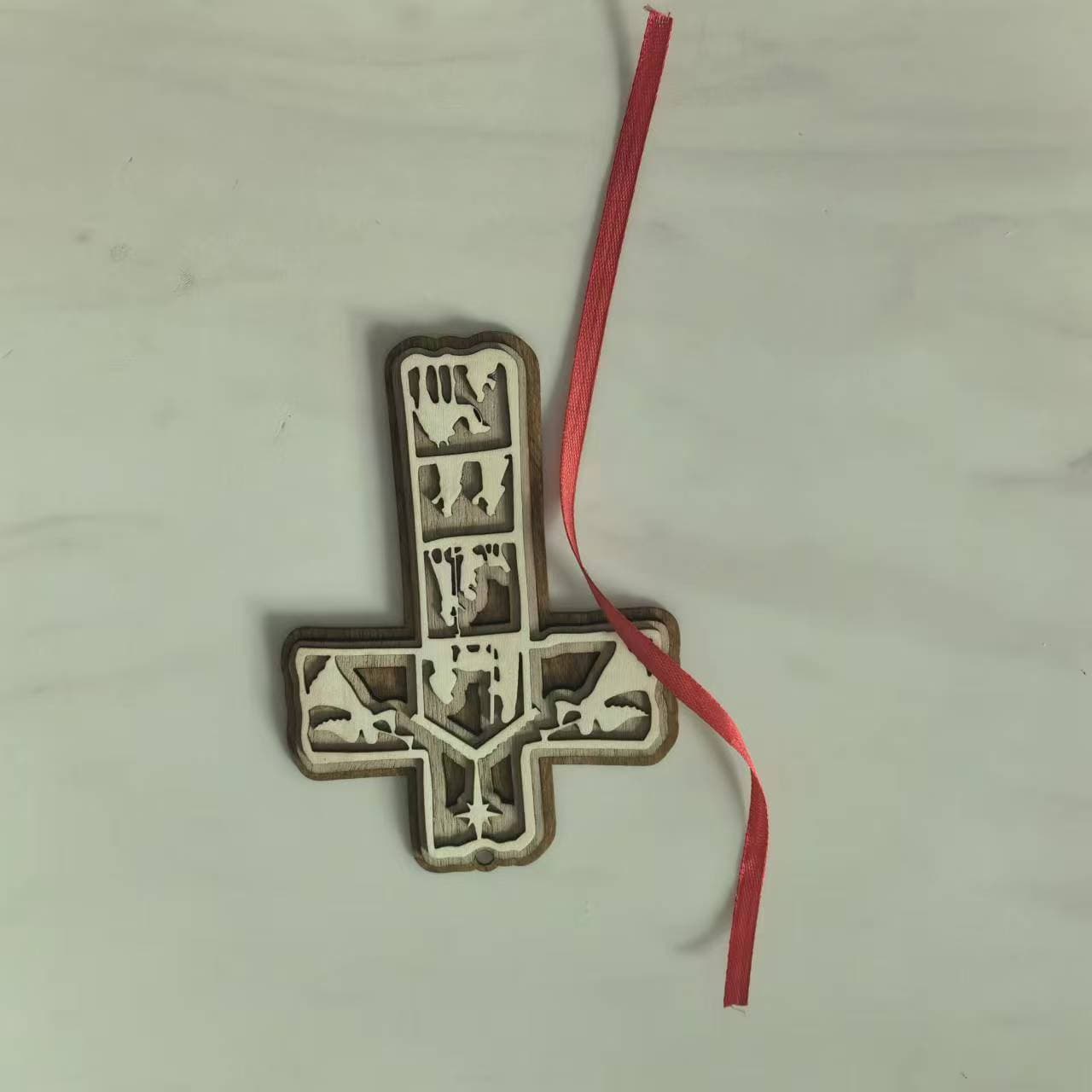 Cross-border New Product Christmas Tree Cross Pendant Office Decoration Wooden Hanging Ornament Religious Craft Hot Selling Wholesale