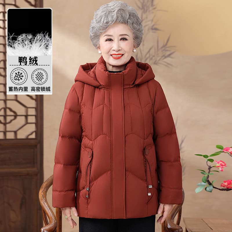Plus-size elderly women's mid-length down jacket, winter wear for moms aged 60-70, thickened duck down coat for grandmas.