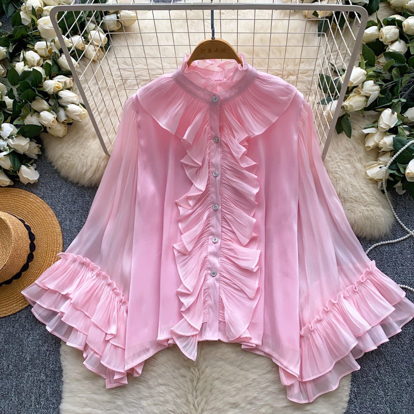 French-style New Pink Ruffled Blouse for Women Summer Long Sleeve Age-Defying Loose Cardigan Sweet Top