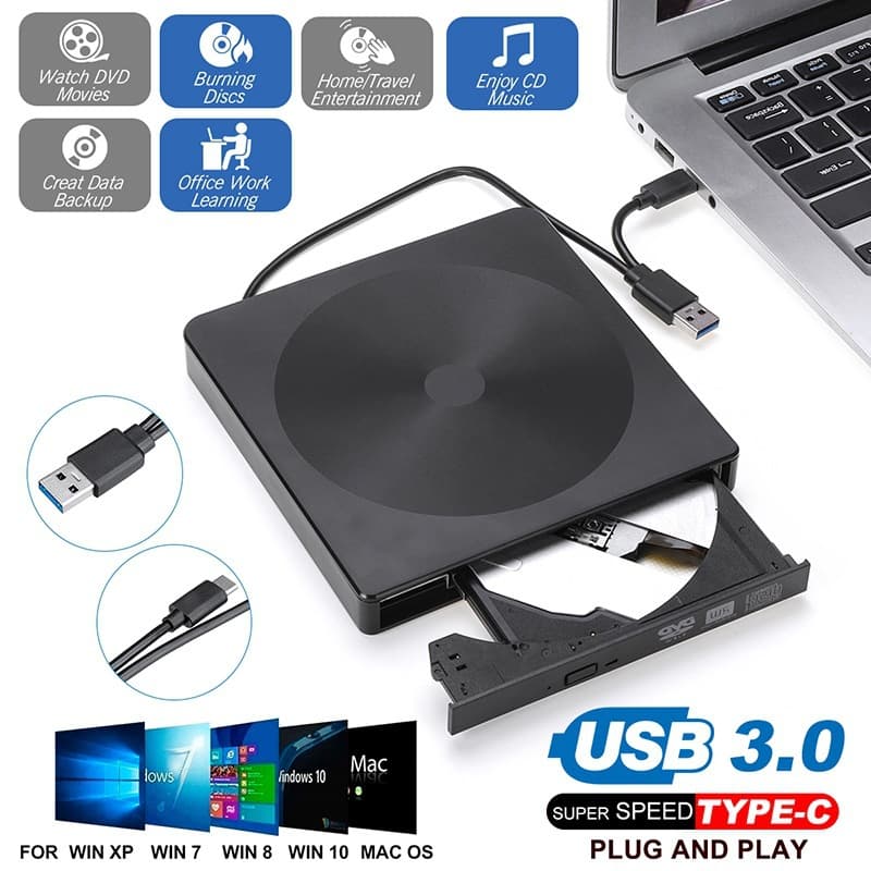 USB 3.0/Type-C Dual Interface External Optical Drive Portable Burner for Desktop/Laptop