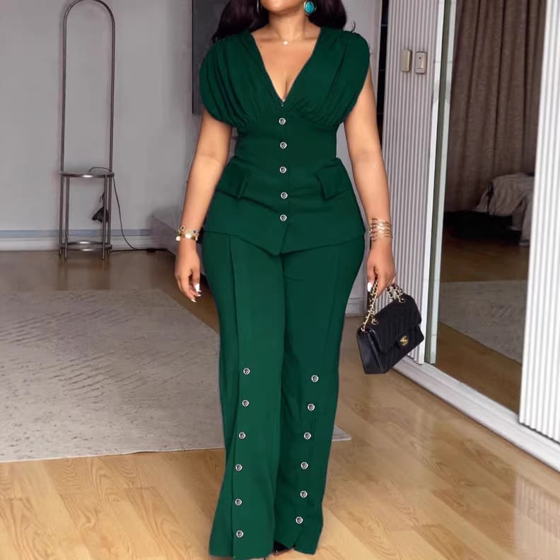 European and American fashion V-neck pleated waist-cinching commuter top set, metal buttoned wide-leg pants two-piece set