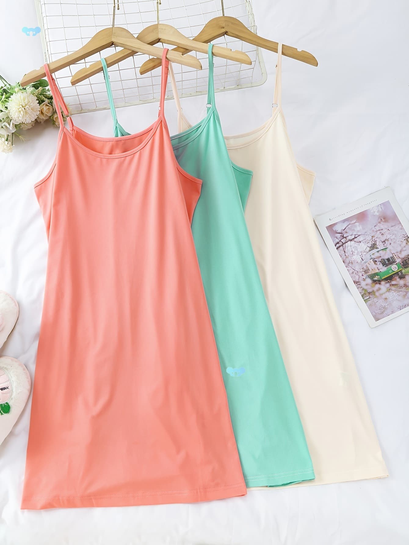3pcs Simple Solid Nightdress, Crew Neck Spaghetti Strap