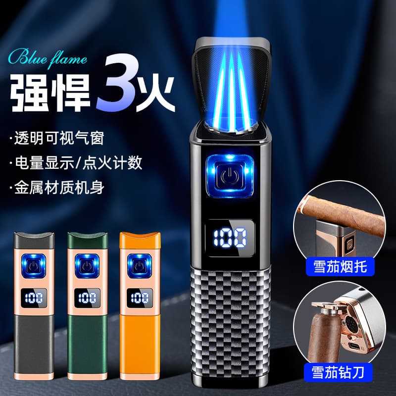 Creative three-fire straight into blue flame cigar dedicated flame lighter gas and electric two-in-one portable igniter wholesale