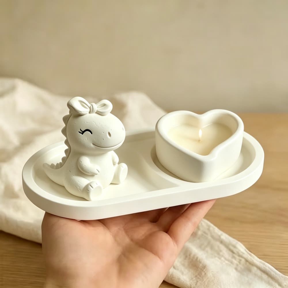 Dinosaur Love Candle Holder Tray Three-piece Silicone Mold Epoxy Resin Aromatherapy Candle Plaster Ornament Epoxy