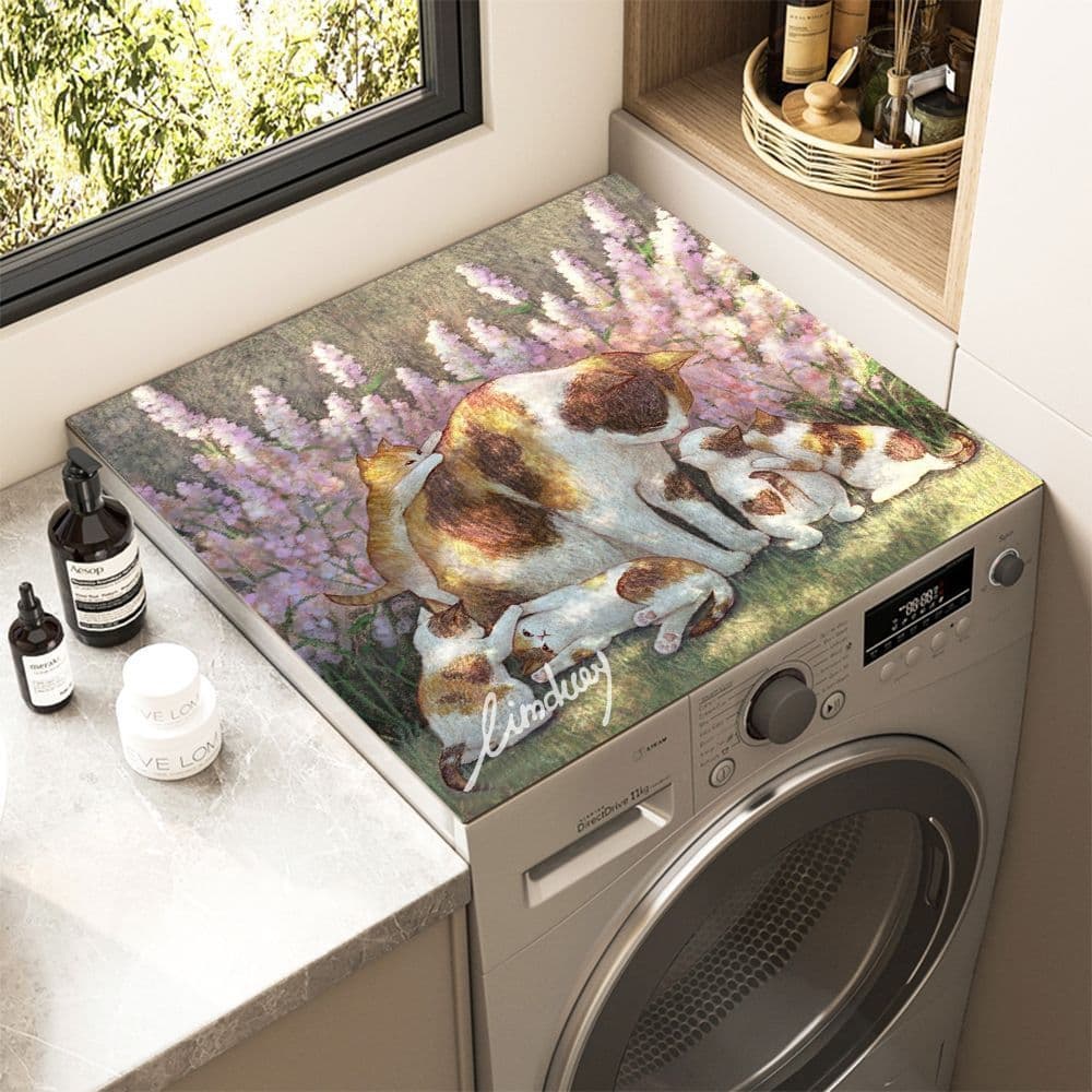 Front-loading Washing Machine Mat, Oil Painting Cat Design Cover Mat, Diatomite Cover Mat, Double Door Refrigerator Sun and Dust Protection Mat, Bedside Table