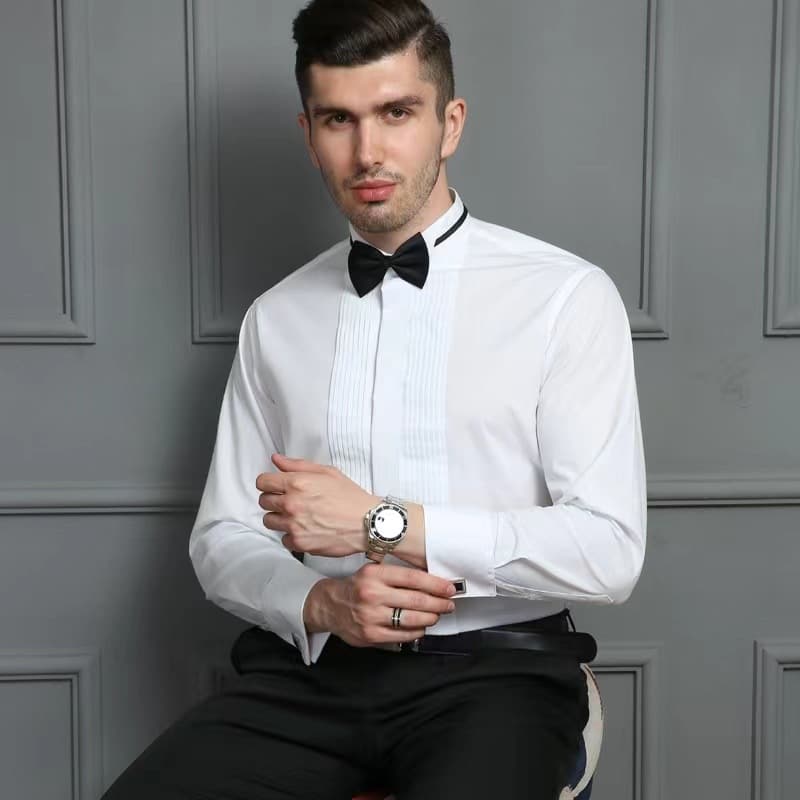Men's Dress Shirt Wedding Party Formal Cotton Long Sleeve Light Business Style Youth Suitable Solid Color Stitched Shirt
