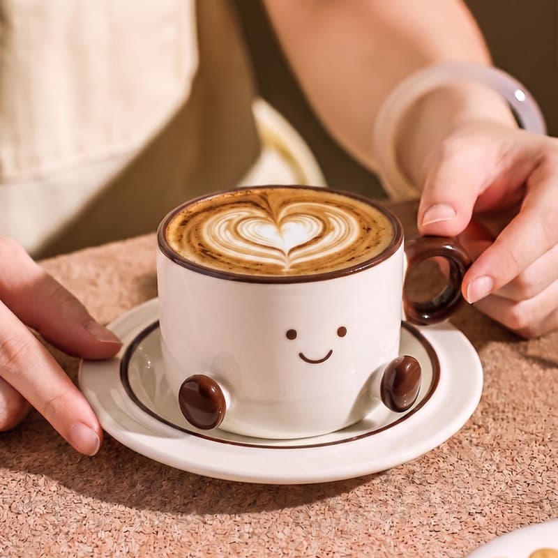 High-looking ceramic coffee cup and saucer set, smiley face mug, home cocoa bean cup and saucer, creative gift water cup
