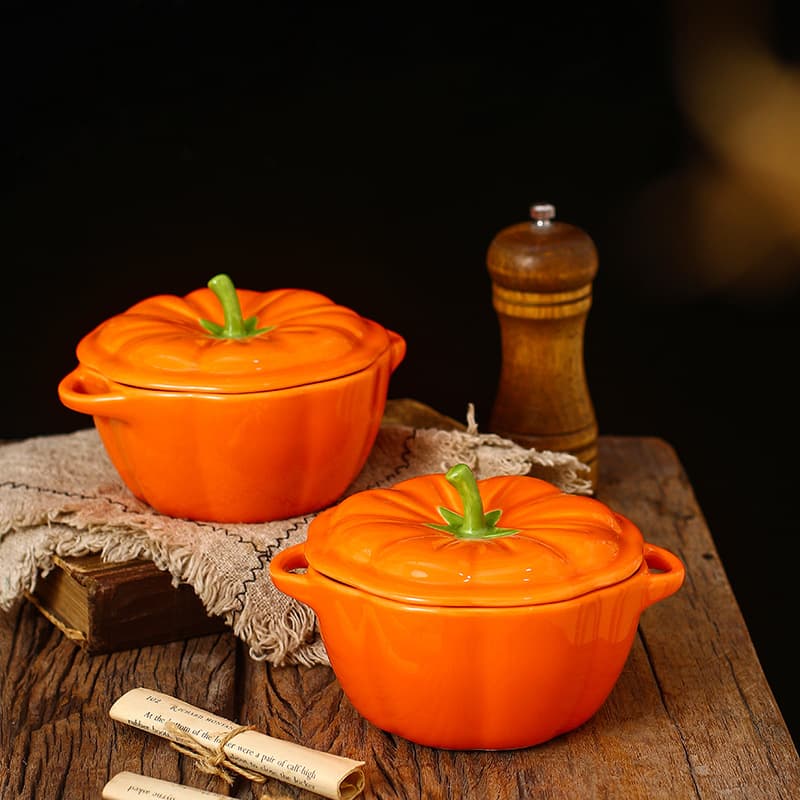 Creative Ins Pumpkin Bowl Ceramic Small Soup Bowl with Two Handles and Lid, Cute Home Stew Pot Noodle Bowl, Baby Food Steamed Egg Bowl