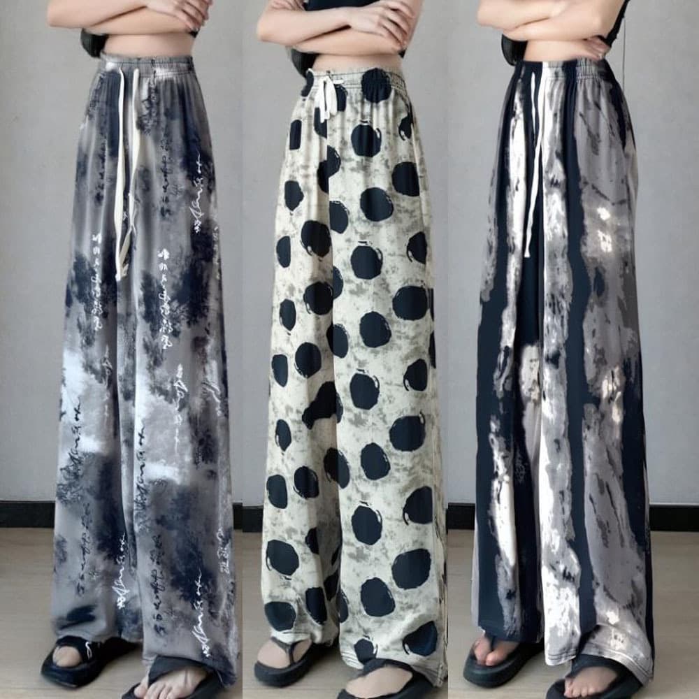 Ice silk ink wide-leg pants for women in summer, high-waisted, slim and drapey, ice and snow silk tie-dyed national style casual pants, anti-mosquito and sun protection