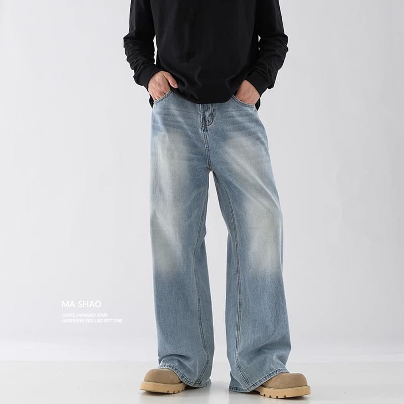 Light Blue Washed Clean Fit Straight-Leg Jeans for Men, Trendy Brand 2025 Spring American Style Wide-Leg Casual Pants