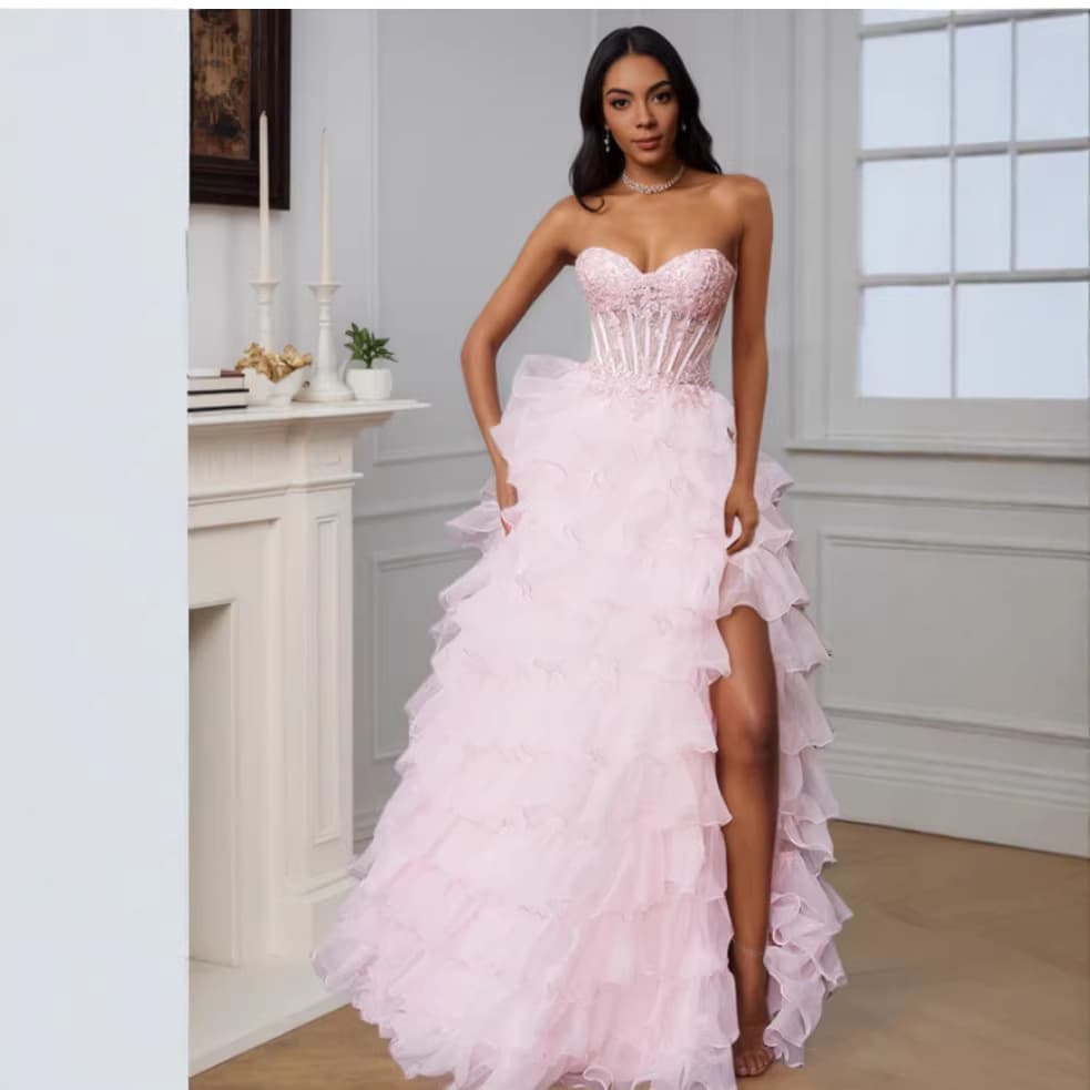 Cross-border Pink Strapless Evening Dress Women Lace Corset Layered Ruffled Cake Skirt High Slit Slimming Long Dress