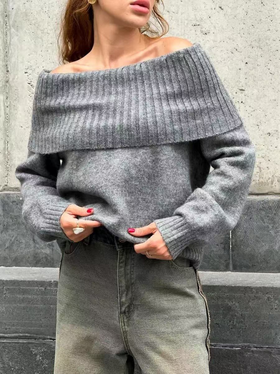 Ins Style 2025 Autumn New Sexy Off-Shoulder Knit Top, Women's Loose Slimming Sweater