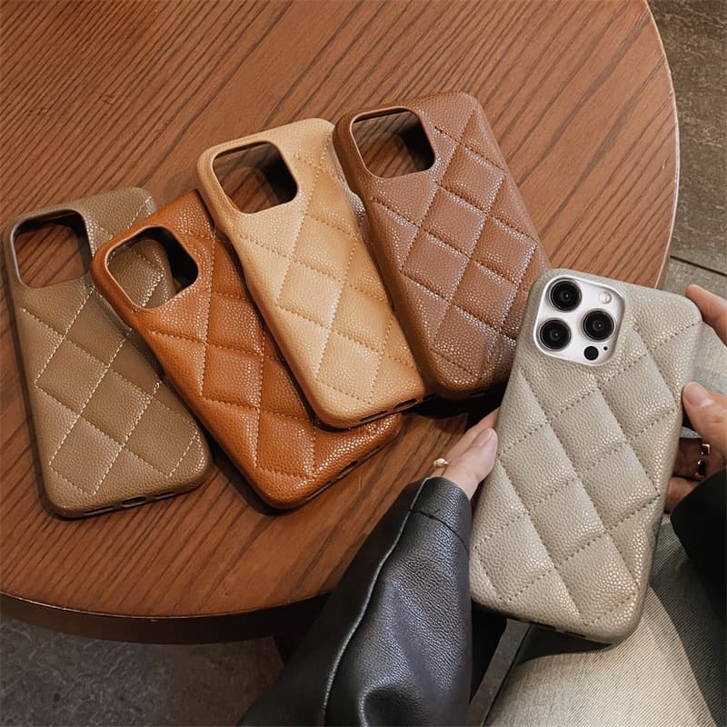 Maillard Color Series Chanel-Style 15 Pro Max/14 Pro Phone Case Compatible with iPhone 13 Pro Leather Hard Case