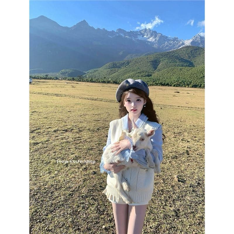 2024 Korean Chic Youthful Chic Blue Exquisite Shirt Knit Vest Women's Early Autumn Outfit Pleated Skirt Trendy