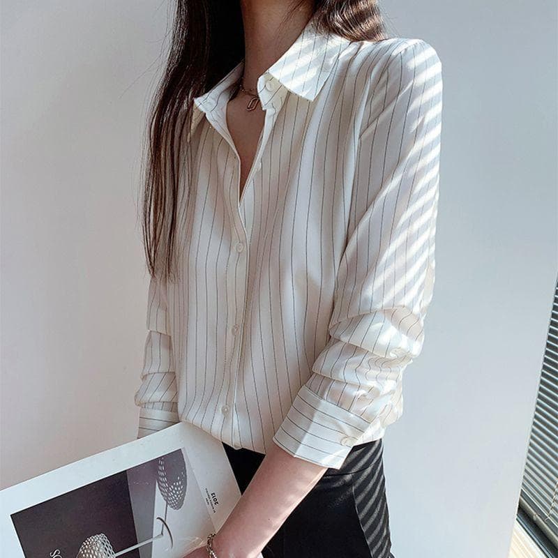 Striped Shirt for Women Spring Summer New Japanese Style Long Sleeve Regular Shoulder Polo Neck Office Inner Layering Blouse Top