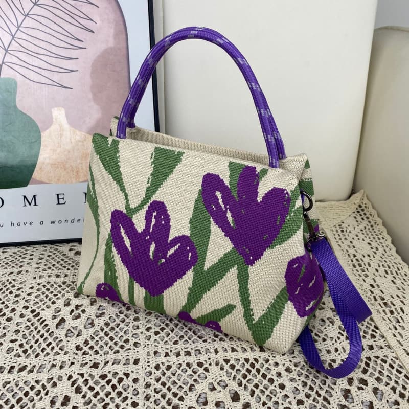 Korean Style Cute Work Commute Casual Handheld Large Capacity Zipper Tote, Knitted Bag, Crossbody Tote Handbag
