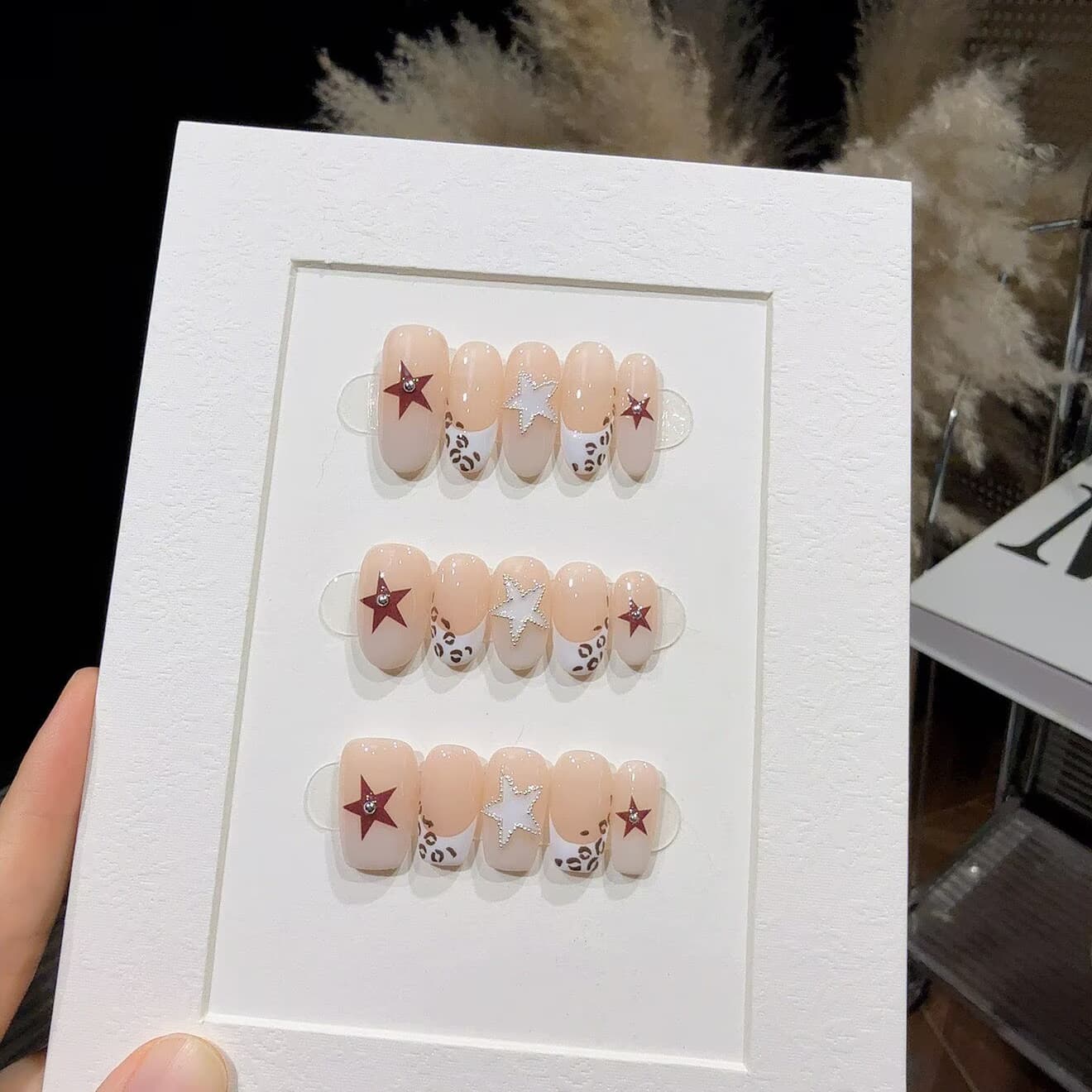 French Leopard Gradient Handmade Press-On Nails Glass Bead Cat Eye Nails Medium-Long Simple Nude Press-On Nails