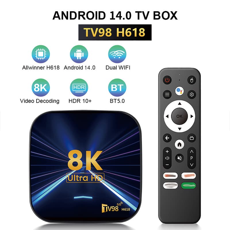 TV98 H618 TV Box 8K 4K HD 5G Dual WiFi6 Android 14 Bluetooth TV Box