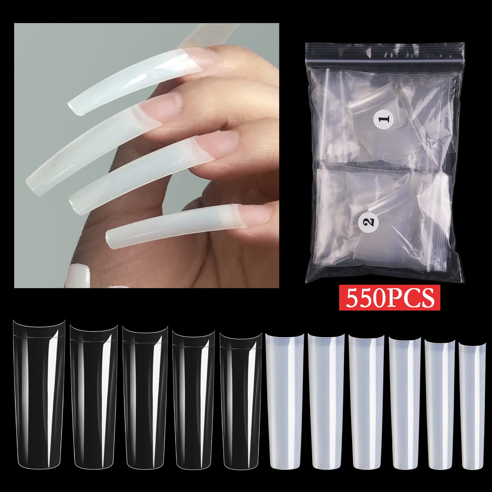 Long Curved Nail Tips French Style Coffin Shape Square Durable Nail Art Extensions XXL 550pcs Nail Tips Set Manicure Supplies