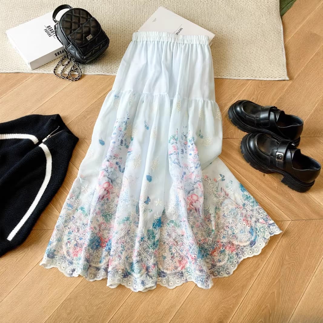 Korean Sweet Mesh Floral Print Skirt 2026 Spring New Embroidered Mid-Length A-Line Maxi Skirt