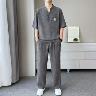 Summer Short Sleeve and Long Pants Ice Silk Set for Men, Loose Casual Premium V-Neck T-Shirt, Plus Size Men's Two-Piece Set