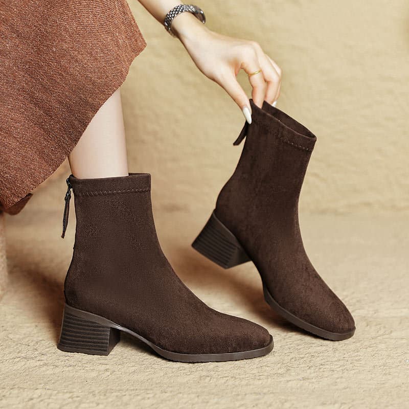Square-Toe Short Boots for Women Spring Autumn 2026 New Chunky Heel Mid-Calf Black Boots French Style Medium Heel Slimming Short Boots