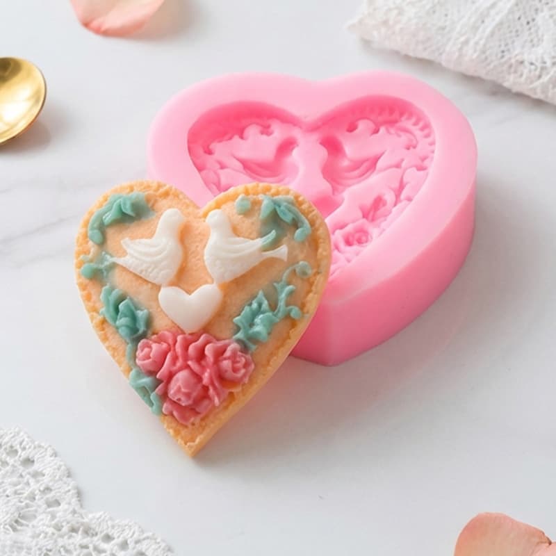 Love Double Dove Rose Silicone Mold Valentine's Day Chocolate Fondant Mold