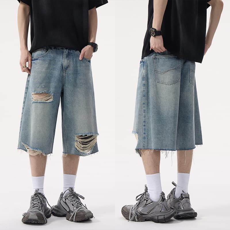 American vintage Washed Loose Six-point Jeans Men's Scraped Ripped Rap Edge Design Casual Joker Shorts.