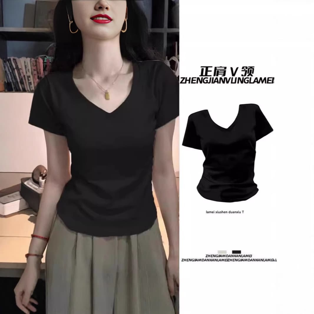 New Style V-Neck Short Sleeve T-Shirt for Women Summer New Slim Fit Design Versatile Flattering High-Quality Top