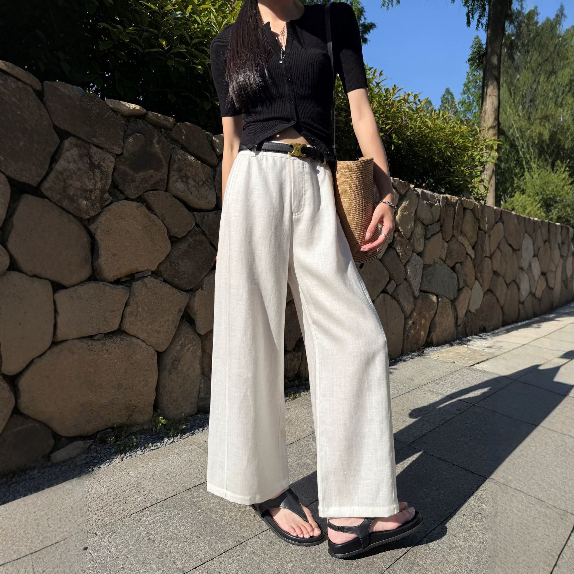 Anchen Linen Lyocell White 9/10 Length Wide Leg Pants for Women Lightweight 2026 Summer High Waist Old Money Style Casual Trousers