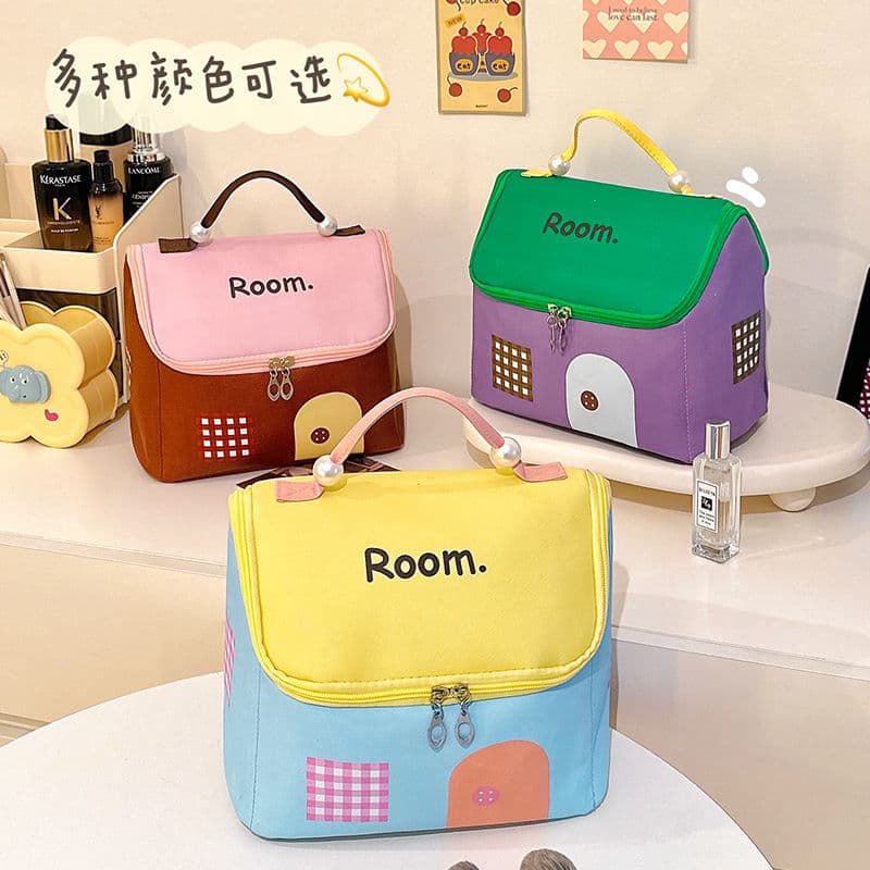 Cute House-Shaped Cosmetic Bag for Women, Large Capacity Portable Storage Bag, Travel Handbag Cosmetic Organizer with Compartments, Thickened Storage Pouch