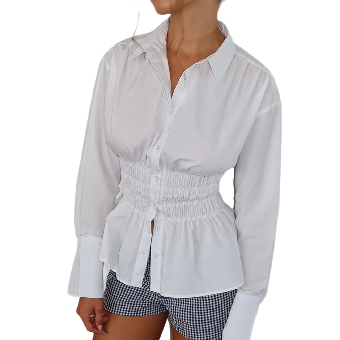 Preface Early Autumn Chic Solid Color Pleated Waist-Cinching Button Design Shirt Simple Commute Shirred Long Sleeve Top