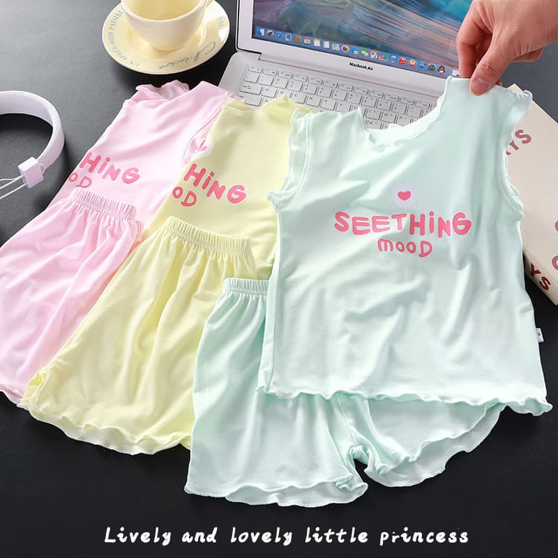 Modal Class A Allocated Girls Summer Short Sleeve Shorts Two-Piece Set Kids Home Baby Pajamas Air Conditioning Suit