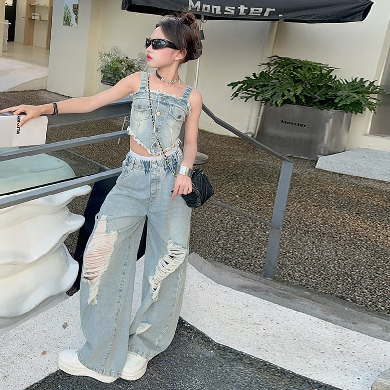 Girls' Summer Suit 2025 New Korean Style Medium and Large Children's Thin Frayed Denim Suspender Wide Leg Ripped Jeans