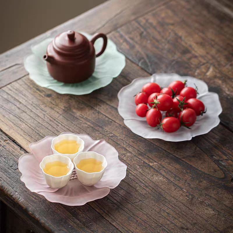 Frosted Glass Lotus Teapot Tray Glass Lotus Dry Brewing Platform Pink Green Zen Tray Tea Set Accessories Small Tea Tray