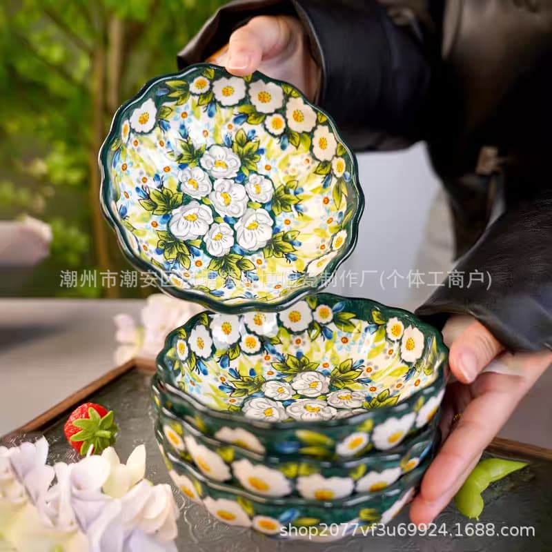 Qianmo Ceramic Bowl Plate Dish Set - High-Gloss Under-glaze Color Bowls and Plates - Family-Size Jasmine Flower Dinnerware Set